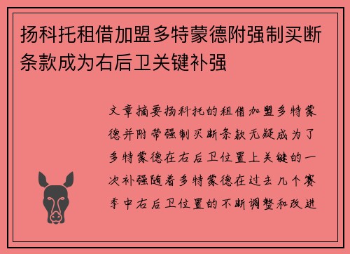 扬科托租借加盟多特蒙德附强制买断条款成为右后卫关键补强